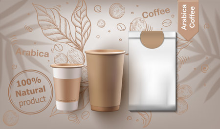 Coffee cups and pack set vector realistic. Natural leaves and beans background. Label design product placement mock upsのイラスト素材