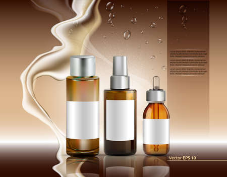 Moisture oil bottles set Vector realistic. Cosmetics serum skin care. Product packaging design. Background lotions splashのイラスト素材