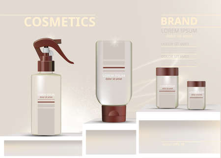 Spray and lotions cosmetics set vector realistic. Product package. Moisturizers and tube containers. Cream bottles label designsのイラスト素材