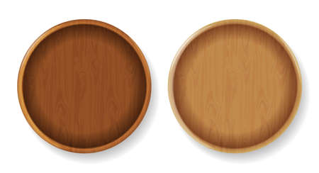 Wood round plates Vector realistic. Product placement mock up elements. 3d detailed illustrationsのイラスト素材