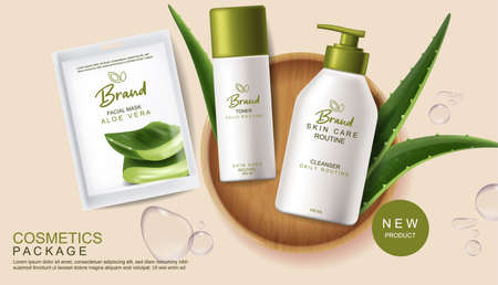 Aloe Vera cosmetics Vector realistic. Face mask and hydration cream products placement mock up bottles. Packaging design label lotions. Splash water drops backgroundsのイラスト素材