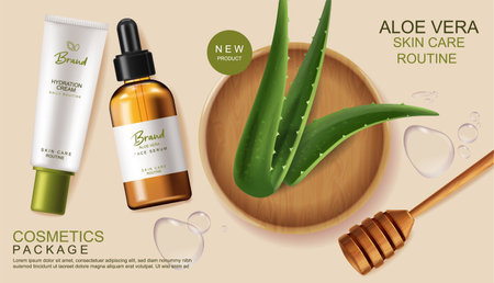 Aloe Vera cosmetics Vector realistic. Serum and cream product placement mock up bottles. Packaging design label lotionsのイラスト素材