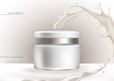 White cream cosmetics with splash Vector realistic. Product placement mock up containersのイラスト素材