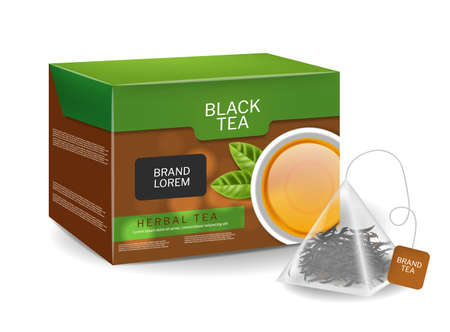 Black tea pack in triangle bags infusion. Organic herbs vector realistic drink. 3d detailed illustrationsのイラスト素材