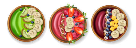 Healthy bowls breakfast vector realistic set collectionのイラスト素材