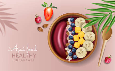 Acai bowl vector realistic mock up. Fresh fruits. Product placement menu pagesのイラスト素材