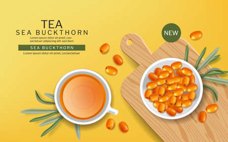 Sea Buckthorn tea in a cup vector realistic. Product placement label design. Healthy delicious hotのイラスト素材