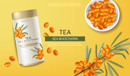 Buckthorn tea vector realistic. Product placement label design. Healthy delicious hotのイラスト素材
