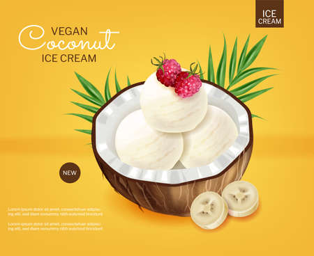 Coconut ice cream vector realistic. Product placement. Healthy delicious dessertsのイラスト素材