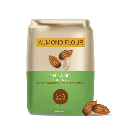 Almond flour vector realistic package. Product placement mock up detailed label designsのイラスト素材