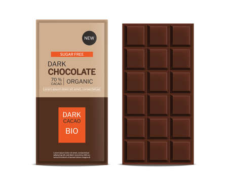 Dark chocolate bar vector realistic. Product placement design package mock up. Delicious pieces of chocolate. Template label banner advertisesのイラスト素材