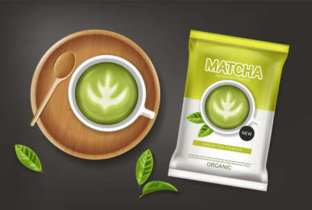 Matcha green tea powder vector realistic. Product placement mock up healthy drink label designsのイラスト素材