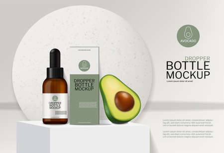 Avocado oil cosmetics vector realistic. Label design mock up. Product placement platform designsのイラスト素材