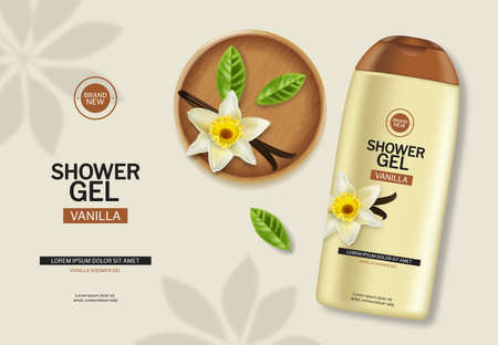 Shower gel cosmetics vector realistic. Product placement vanilla scent. Background with detailed flowersのイラスト素材