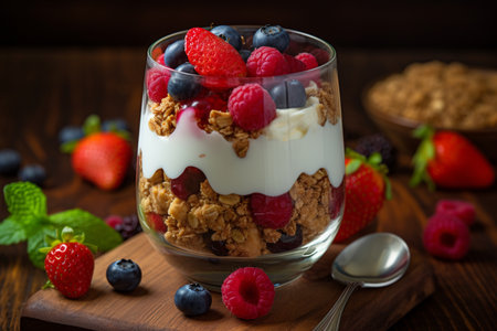 Granola with yogurt and fresh berries in a glass on wooden backgroundの素材