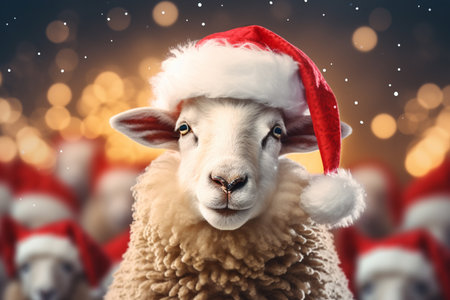 Cute funny sheep with santa hat on bokeh backgroundの素材