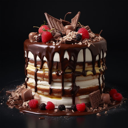 Delicious cake with chocolate syrop all over, generated by AIの素材