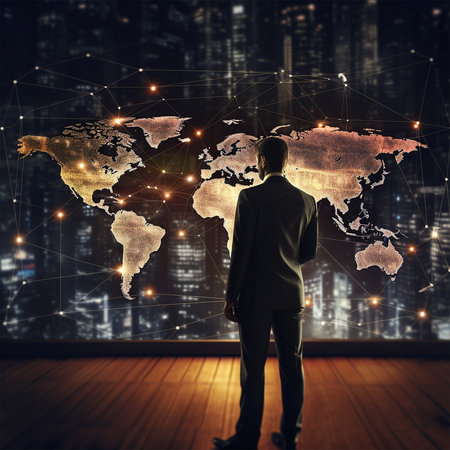 Man analyzing real time data on a graphic map generated by AIの素材