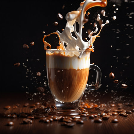 Coffee splash in a white cup close up, dark background, generated by AIの素材