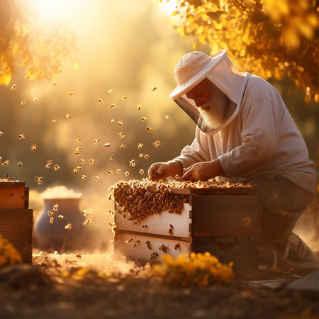 Beekeeper working with bees and extracting honey, soft light generated by AIの素材