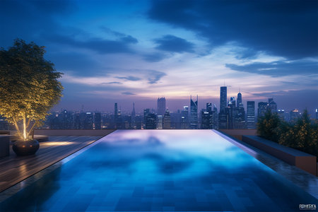 Modern infinity pools at sunset generated by AIの素材