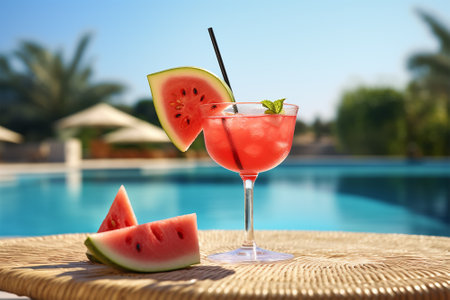 Watermelon cocktail at swimming pool on backgrounds. Summer banner, generated by AIの素材