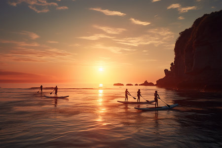Sup people at sunset paddling on the coast, generated by AIの素材
