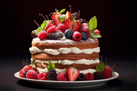 tiramisu cake with berries close up deliccious generated by AIの素材