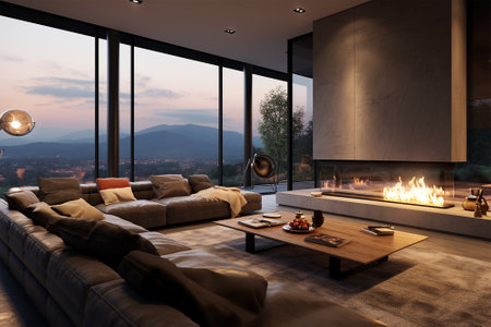 Living room with fireplace at sunsets, modern design generated by AIの素材