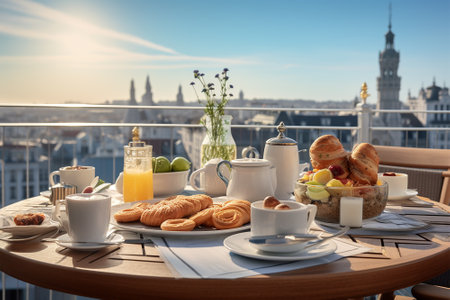 Breakfast with city views, fresh delicious pastry and coffee generated by AIの素材