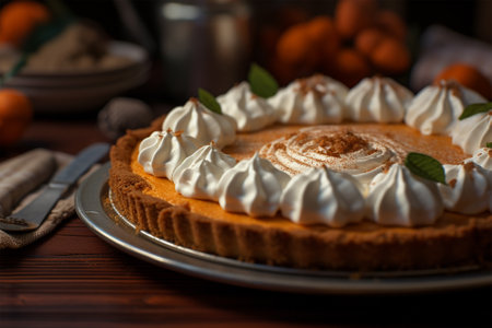 Pumpkin pie delicious dessert with whipped cream on topの素材