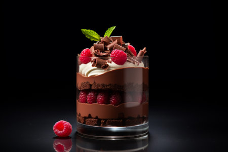 Chocolate mousse with raspberry in a glass delicious dessert dark backgroundの素材