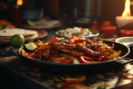 Fajitas with grilled vegetables, fresh dinner plate on dark backgroundの素材