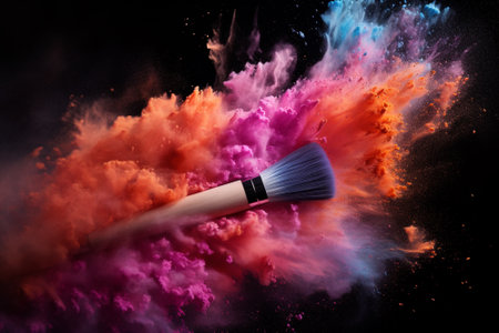 Colorful powder splash and brush, dark background, make upの素材