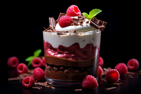 Chocolate mousse with raspberry in a glass delicious dessert dark backgroundの素材