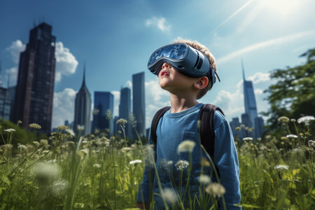 Child with VR glasses in the middle of a green meadow futuristic backgroundの素材