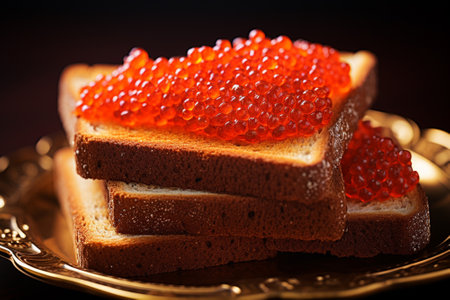 Red caviar on a toast close up delicious appetizer, detailed gourmet foodの素材