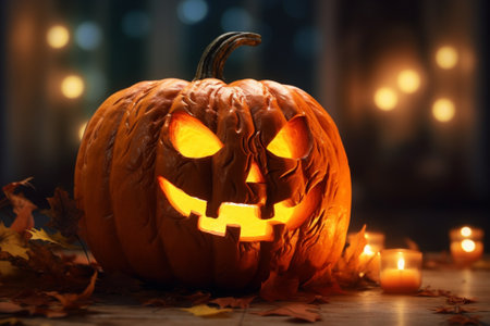 Halloween pumpkin with lights background traditional spooky holidayの素材