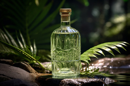 Empty glass bottle of water tropic leaves backgroundの素材