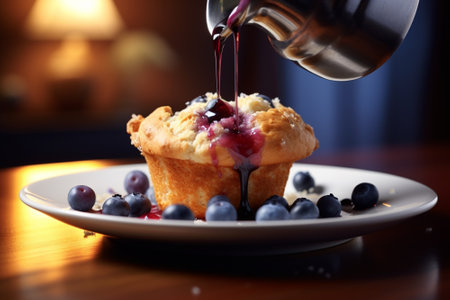 Cupcake with blueberry close up, pourring syrup on topの素材