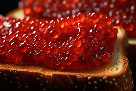 Red caviar on a toast close up delicious appetizer, detailed gourmet foodの素材
