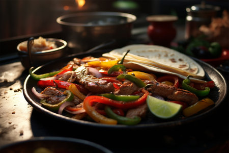 Fajitas with grilled vegetables, fresh dinner plate on dark backgroundの素材