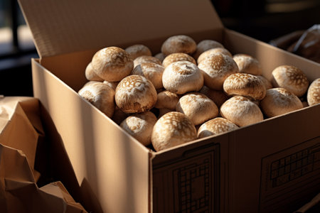Mushrooms in a box ready for sale on a market, organic farmingの素材