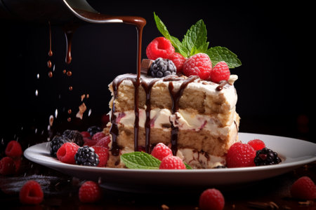 Tiramisu cake with chocolate syrup toping and fruits delicious dessertの素材