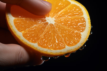 Slice of fresh orange in hand on black background, closeupの素材