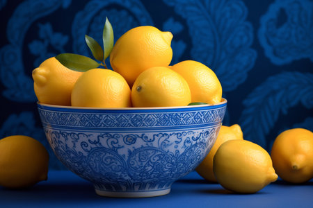 Lemons in a bowl on a blue background. Toned.の素材
