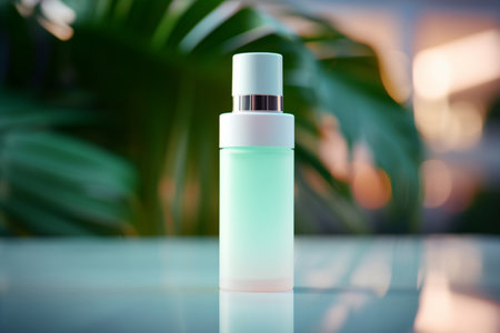 Cosmetic bottle mockup on table with palm leaves background. Skin care and healthcare concept.の素材