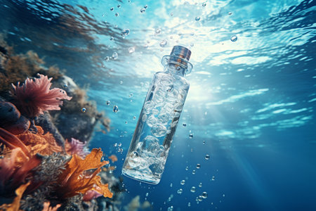 Bottle of clear water underwater with seaweed and sunbeamsの素材