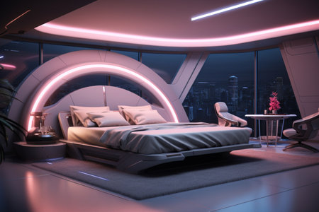 3d render of interior of modern bedroom with night city view.の素材