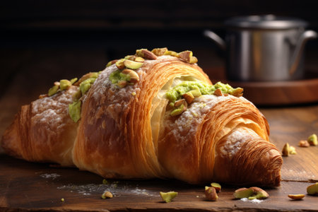Tasty croissant with pistachios on wooden table.の素材